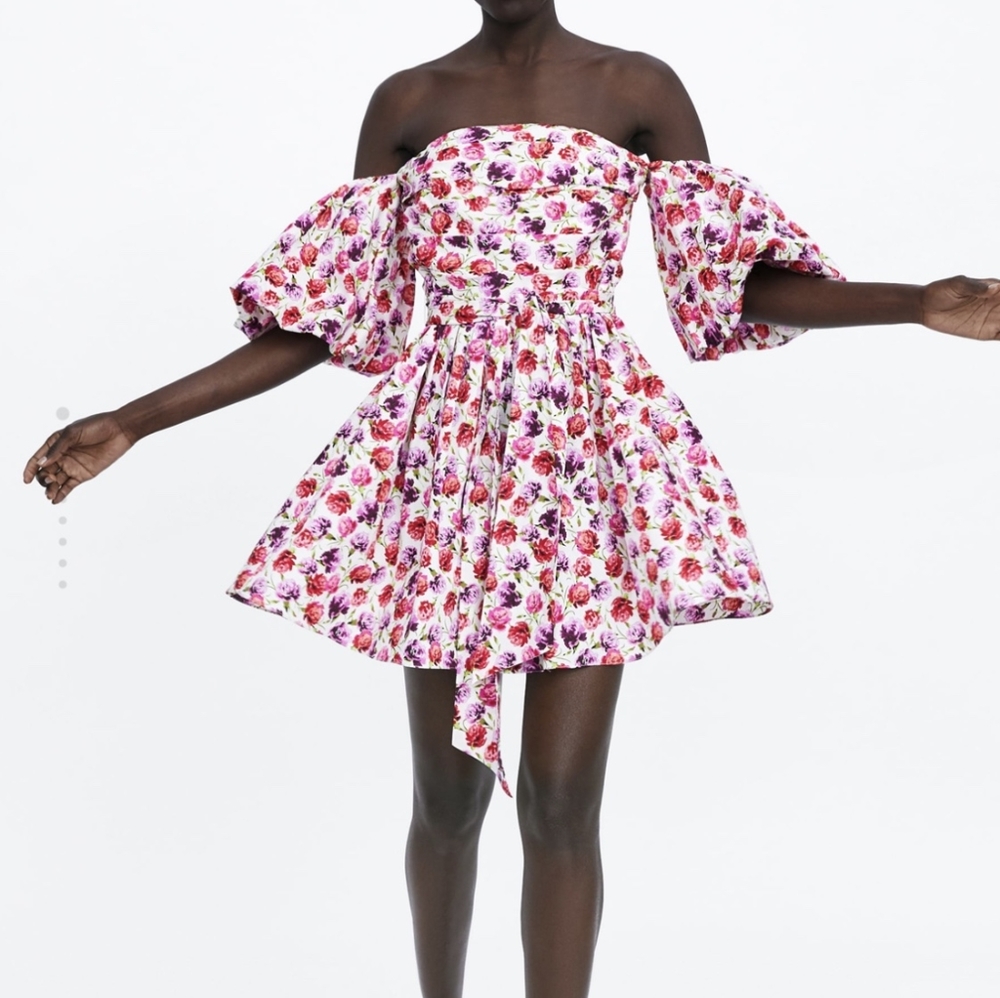 Zara Floral Puff Sleeve Off The Shoulder Dress
